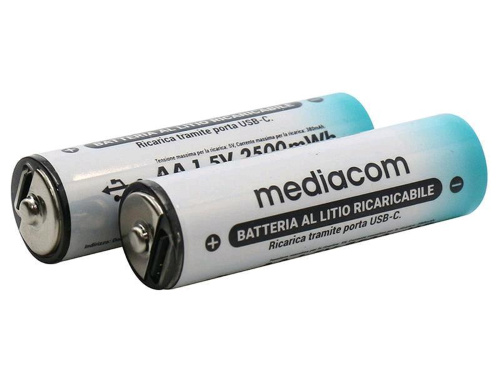 MEDIACOM MD-PB102 BATTERIA RICARICABILE AA STILO 1.650mAh RICARICABILE TRAMITE PORTA USB-C POSTA SULLA BATTERIA CONF 2 Pz.
